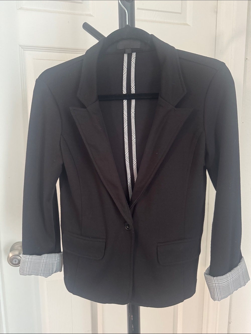Black Single-Button Blazer with Plaid Lining